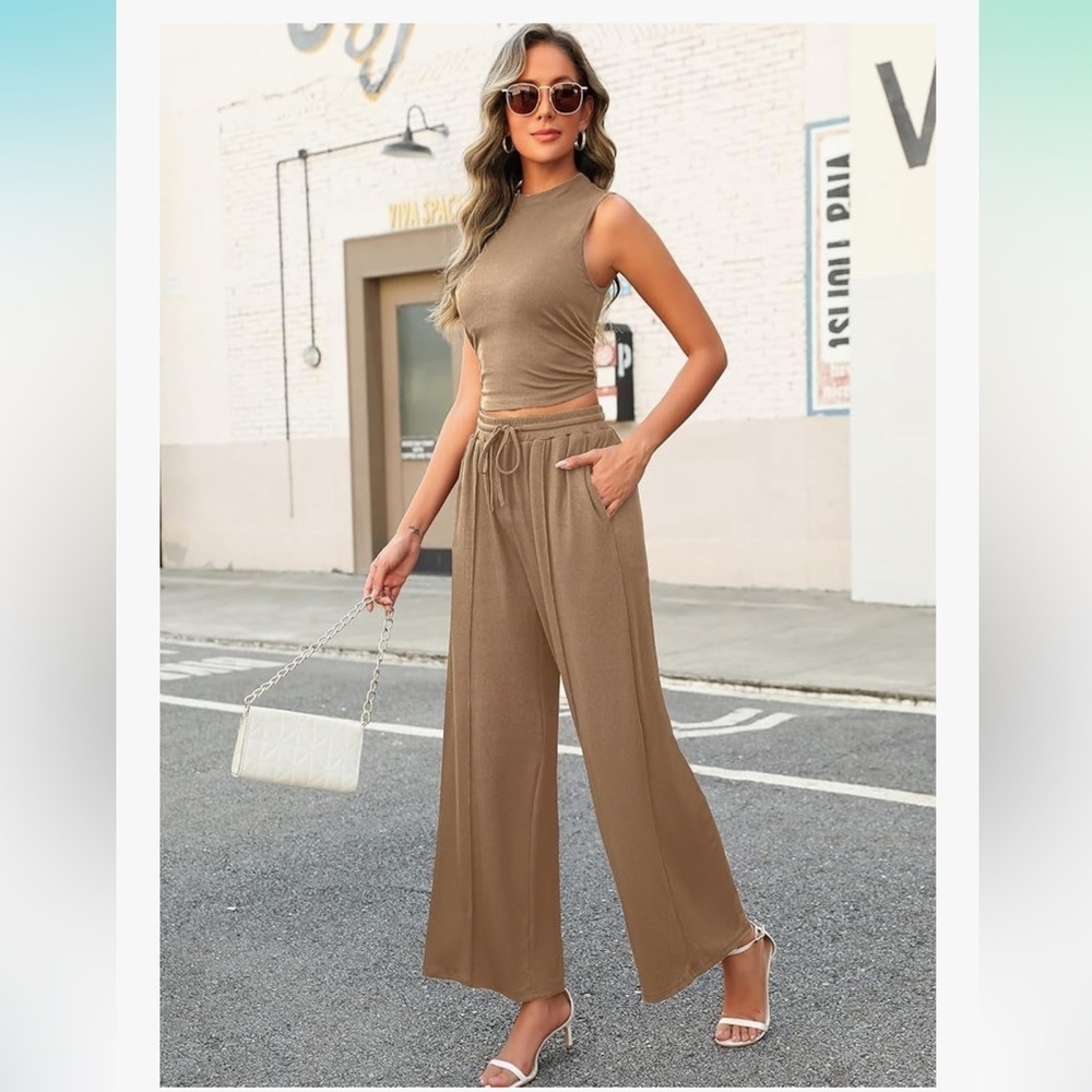 New 2 Piece Knit Ribbed Lounge Set -Sleeveless Crop Tank Top -Wide Leg Pants Set - Picture 4 of 4